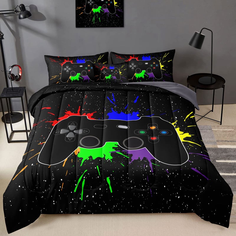 BDUCOK Boys Bed in a Bag Game Comforter Sets Queen Size, Video Game Controller Comforter for Boys Kids, Adults, 3D Gamepad Microfiber Bed Set 6 Pieces, Queen - Image 1